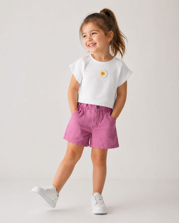 Παιδικό σετ λευκό-μωβ με τζιν σορτς - Image 2