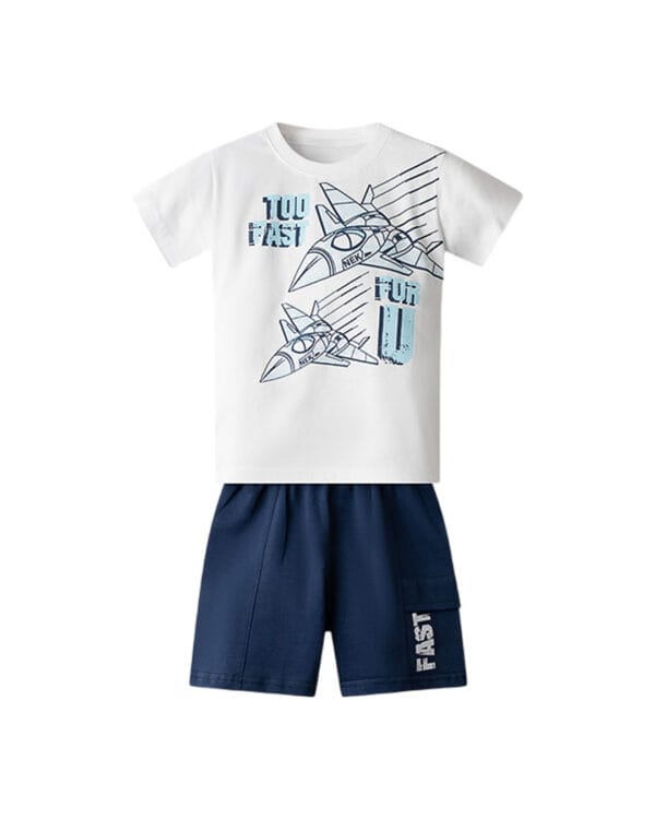 Παιδικό σετ λευκό-μπλε σκούρο με σορτς Αεροπλάνα