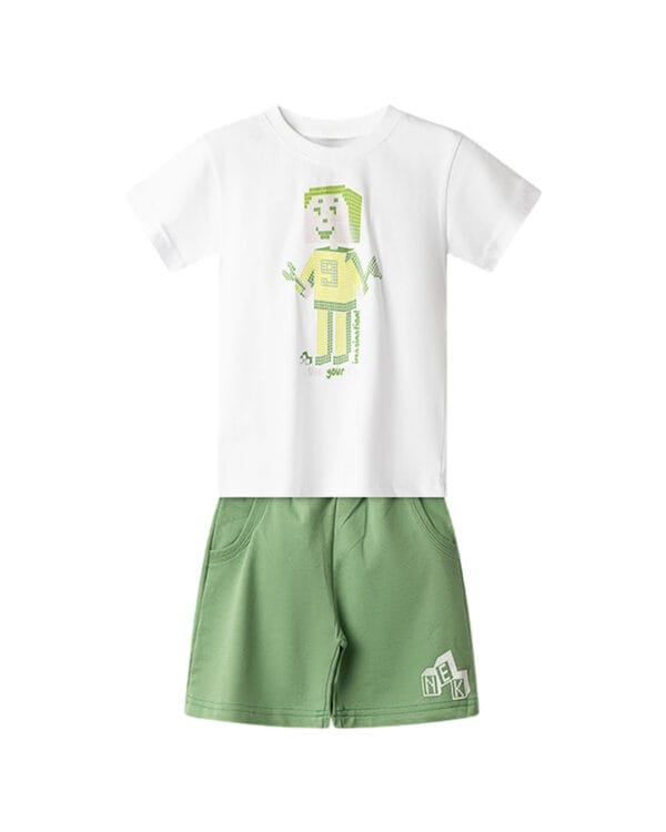 Παιδικό σετ λευκό-πράσινο με σορτς Ρομπότ