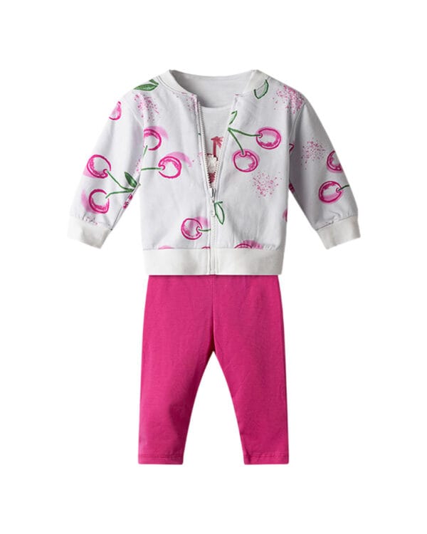 Βρεφικό σετ λευκό-φούξια με κολάν και ζακέτα (3 τμχ)