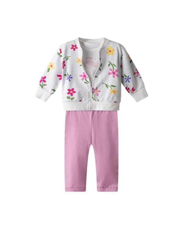 Βρεφικό σετ λευκό-ροζ με κολάν και ζακέτα (3 τμχ)