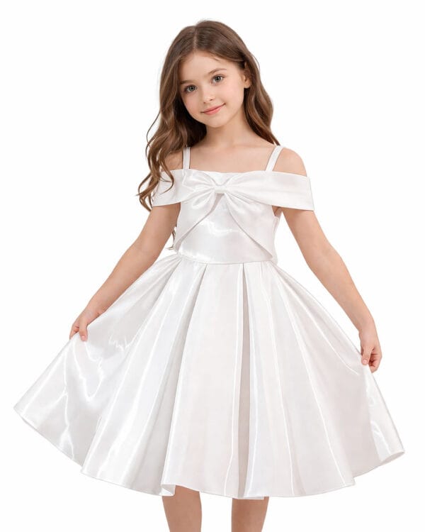 Παιδικό φόρεμα λευκό σατινέ off shoulder