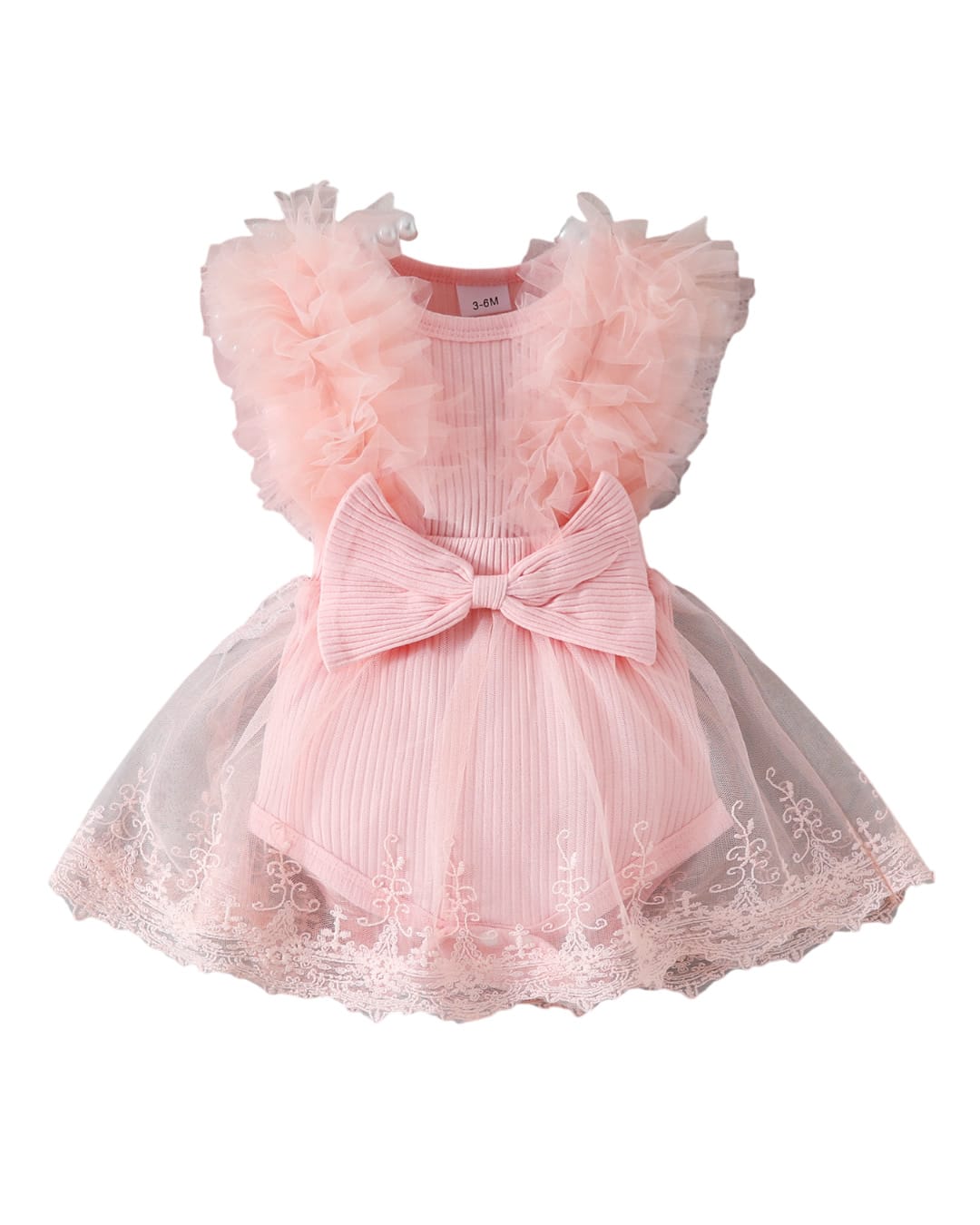 CWW-7060A-4 Βρεφικό κορμάκι-φόρεμα ροζ με τούλι, δαντέλα και κορδέλα - Image 1