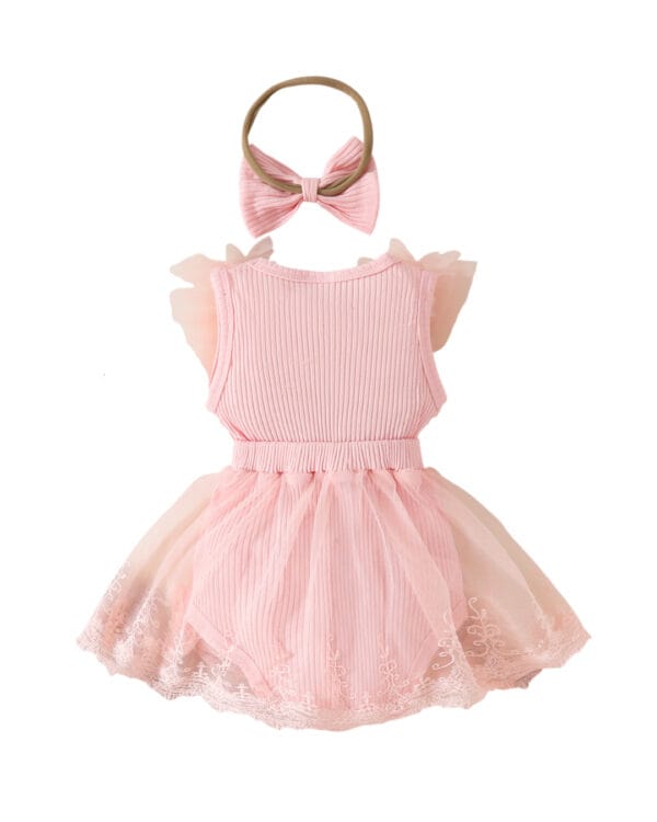 Βρεφικό κορμάκι-φόρεμα ροζ με τούλι, δαντέλα και κορδέλα - Image 3