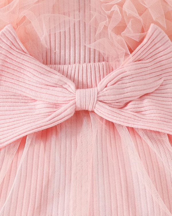 Βρεφικό κορμάκι-φόρεμα ροζ με τούλι, δαντέλα και κορδέλα - Image 6