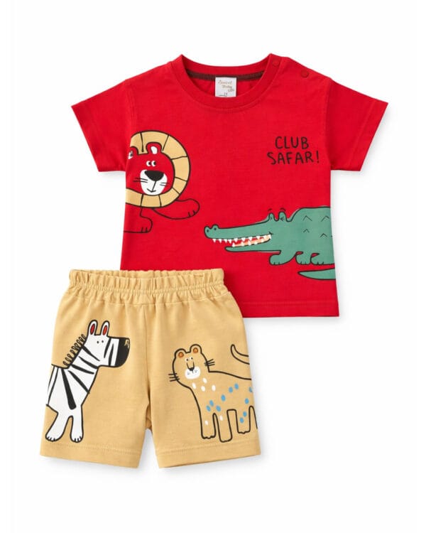 Παιδικό σετ κόκκινο-μπεζ με σορτς Ζωάκια