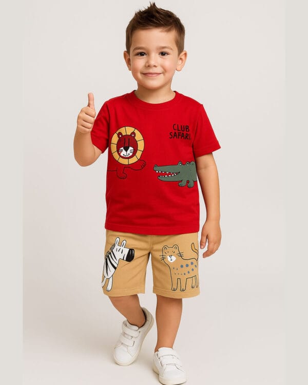 Παιδικό σετ κόκκινο-μπεζ με σορτς Ζωάκια - Image 2