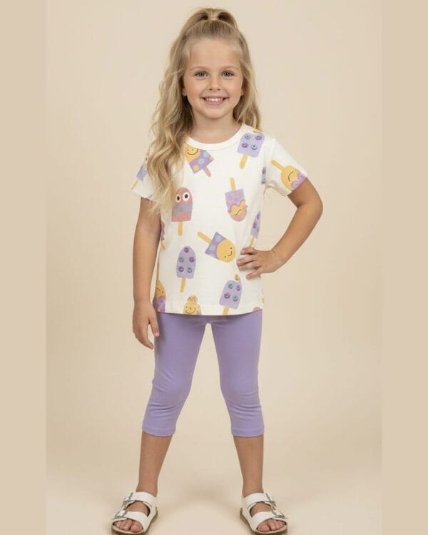 Παιδικό σετ λευκό-λιλά με κολάν capri Παγωτάκια - Image 2