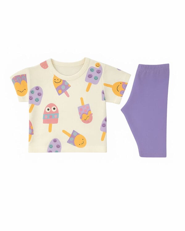 Παιδικό σετ λευκό-λιλά με κολάν capri Παγωτάκια