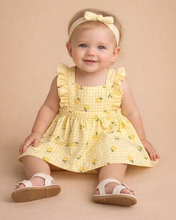 Βρεφικό φόρεμα κίτρινο καρό με βολάν Λεμόνια - Image 2