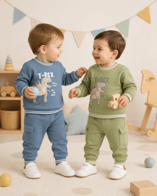 Βρεφικό σετ φόρμας fleece λαδί Dino - Image 2