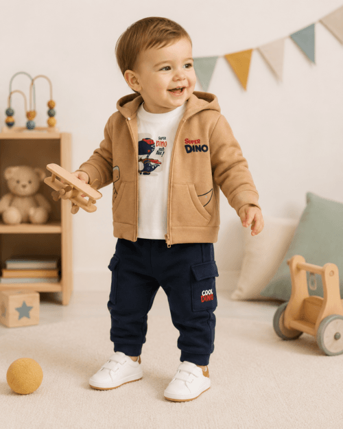 Βρεφικό σετ φόρμας fleece καφέ-μπλε σκούρο με ζακέτα Dino (3 τμχ) - Image 2