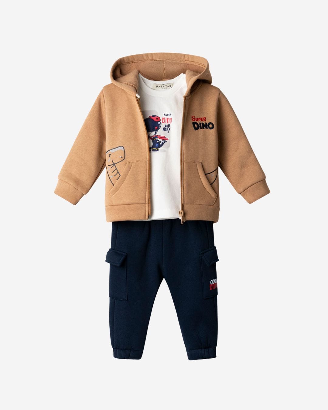267610 Βρεφικό σετ φόρμας fleece καφέ-μπλε σκούρο με ζακέτα Dino (3 τμχ) - Image 1