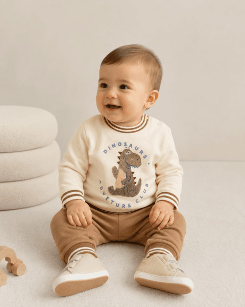 Βρεφικό σετ φόρμας fleece μπεζ-καφέ Dinosaurs - Image 2