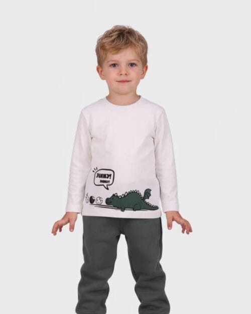 Παιδικό σετ φόρμας fleece χακί-λευκό με ζακέτα Dinosaur (3 τμχ) - Image 4