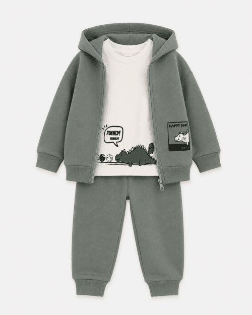 Παιδικό σετ φόρμας fleece χακί-λευκό με ζακέτα Dinosaur (3 τμχ)