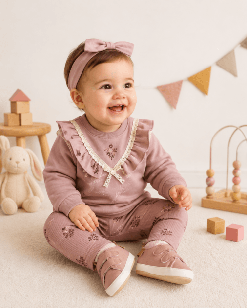 Βρεφικό σετ αχνούδιαστο total dusty pink vintage με κολάν - Image 2