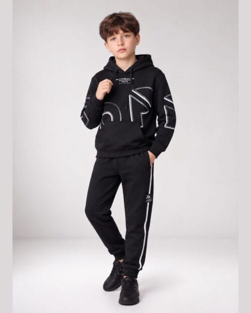 Παιδικό σετ φόρμας fleece total μαύρο με κουκούλα - Image 2