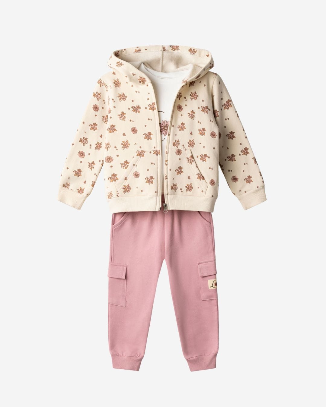 267204 Παιδικό σετ φόρμας fleece εκρού floral με ζακέτα (3 τμχ) - Image 1