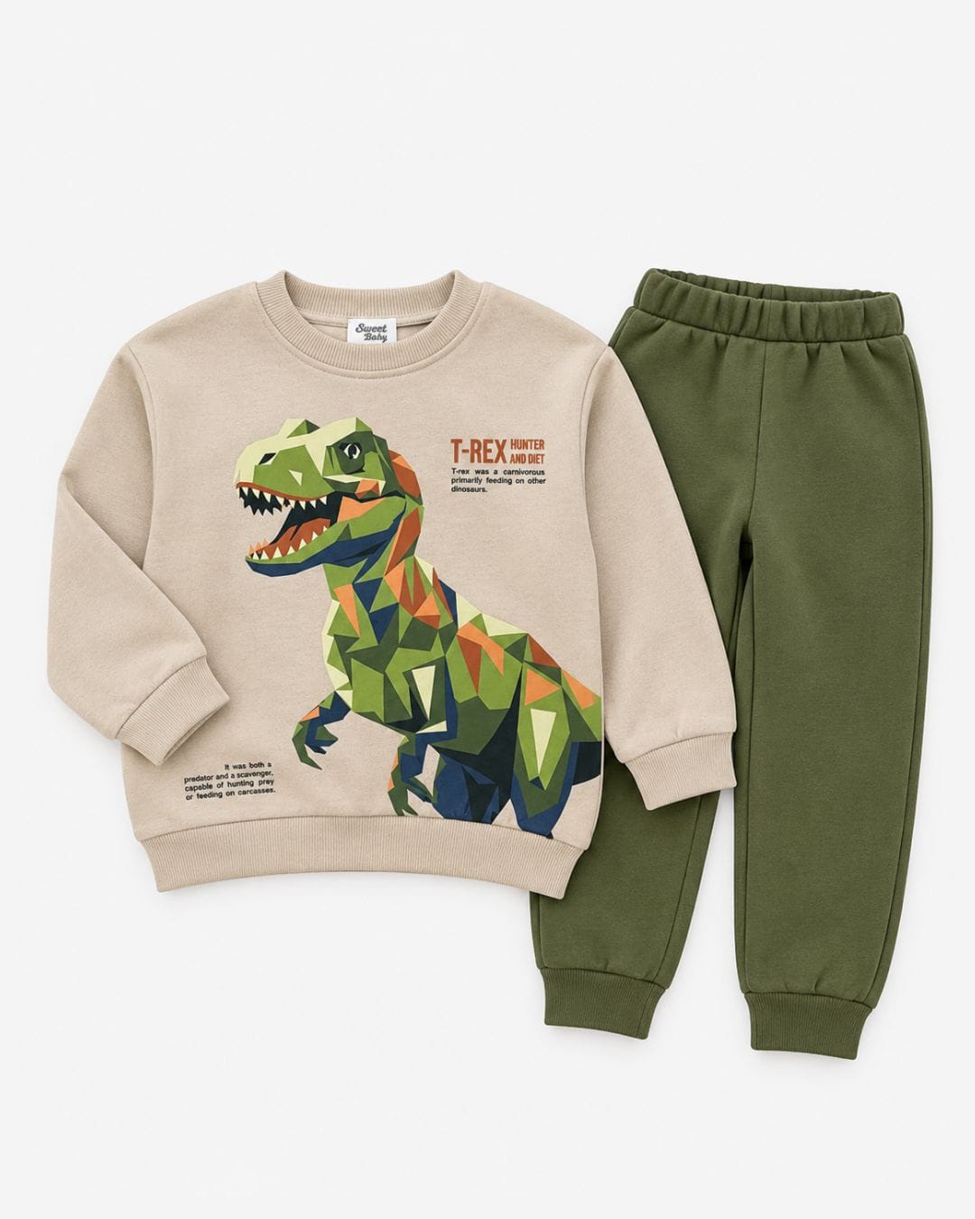 Γ368 Παιδικό σετ φόρμας fleece εκρού-λαδί Δεινόσαυρος - Image 1